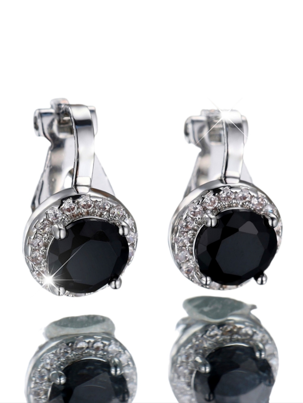 Silver Black Crystal Halo Clip-on Earrings